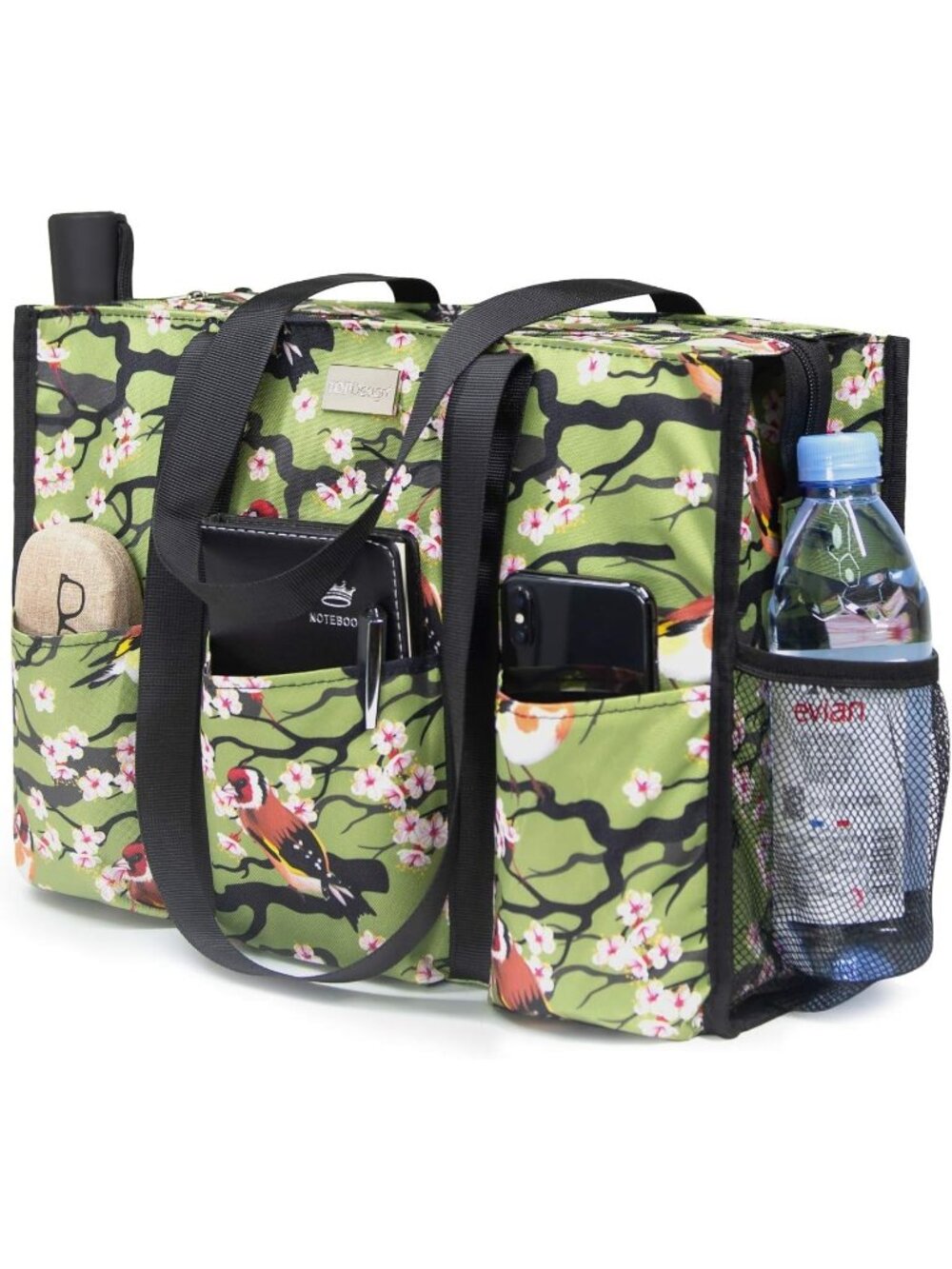 Women's Black Green Polyester Utility Water Resistant Tote Bag with 13 Pockets